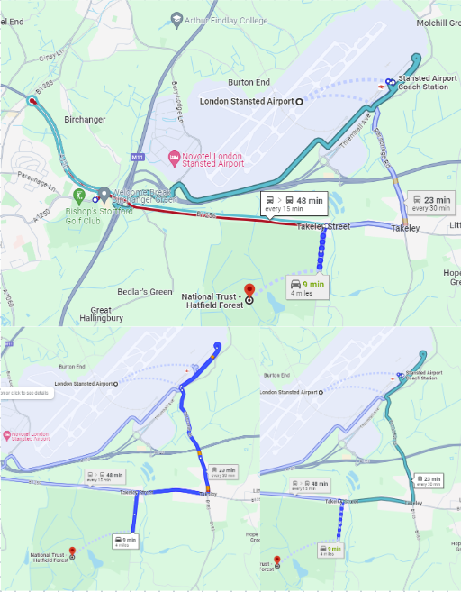 Different Routes from Stansted Airport towards Hatfield Forest: