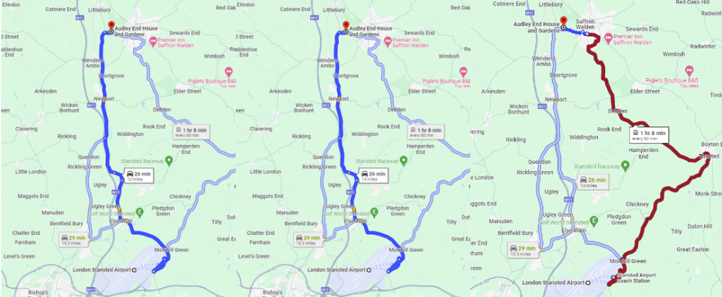 Different Routes from Stansted Airport to Audley End House and Gardens: