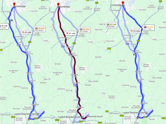 Different Routes from Stansted Airport towards Cambridge: