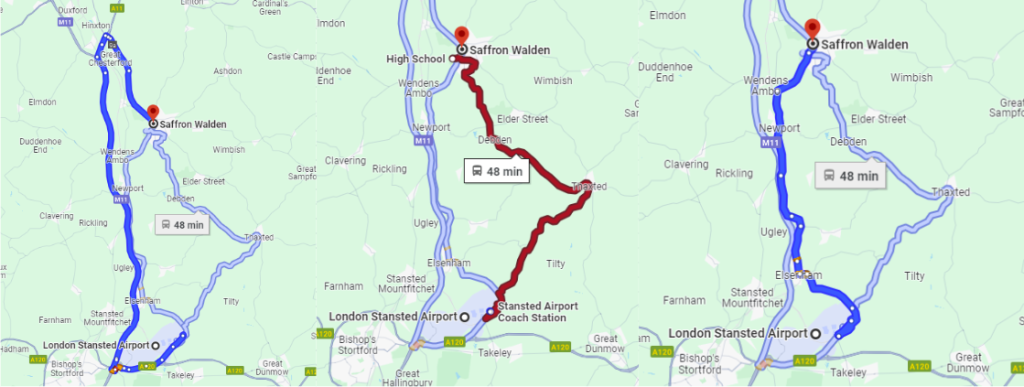Different Routes from Stansted airport towards Saffron Walden:
